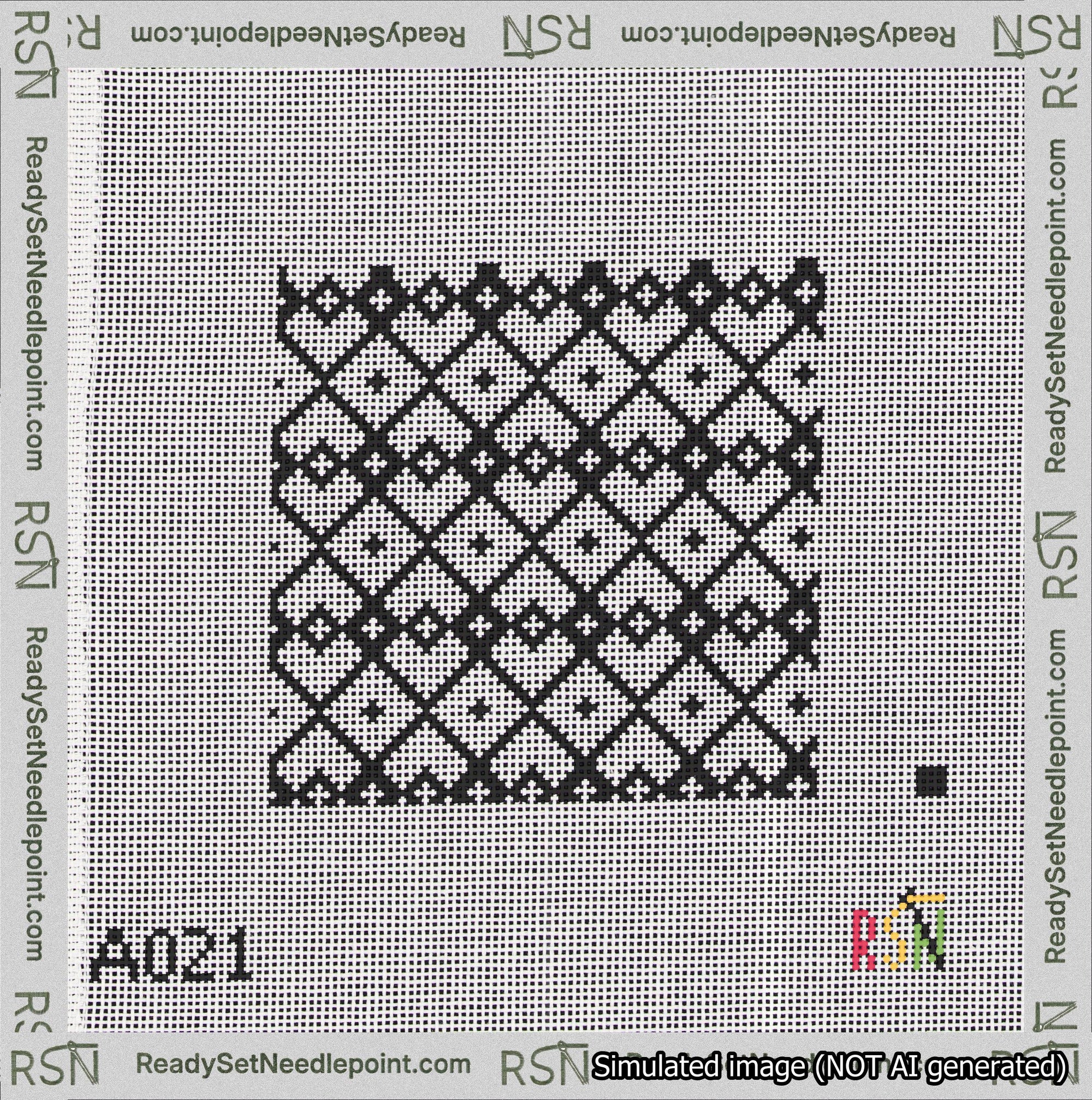 A taped needlepoint canvas with the design: Symmetrical Heart Grid Black on White.