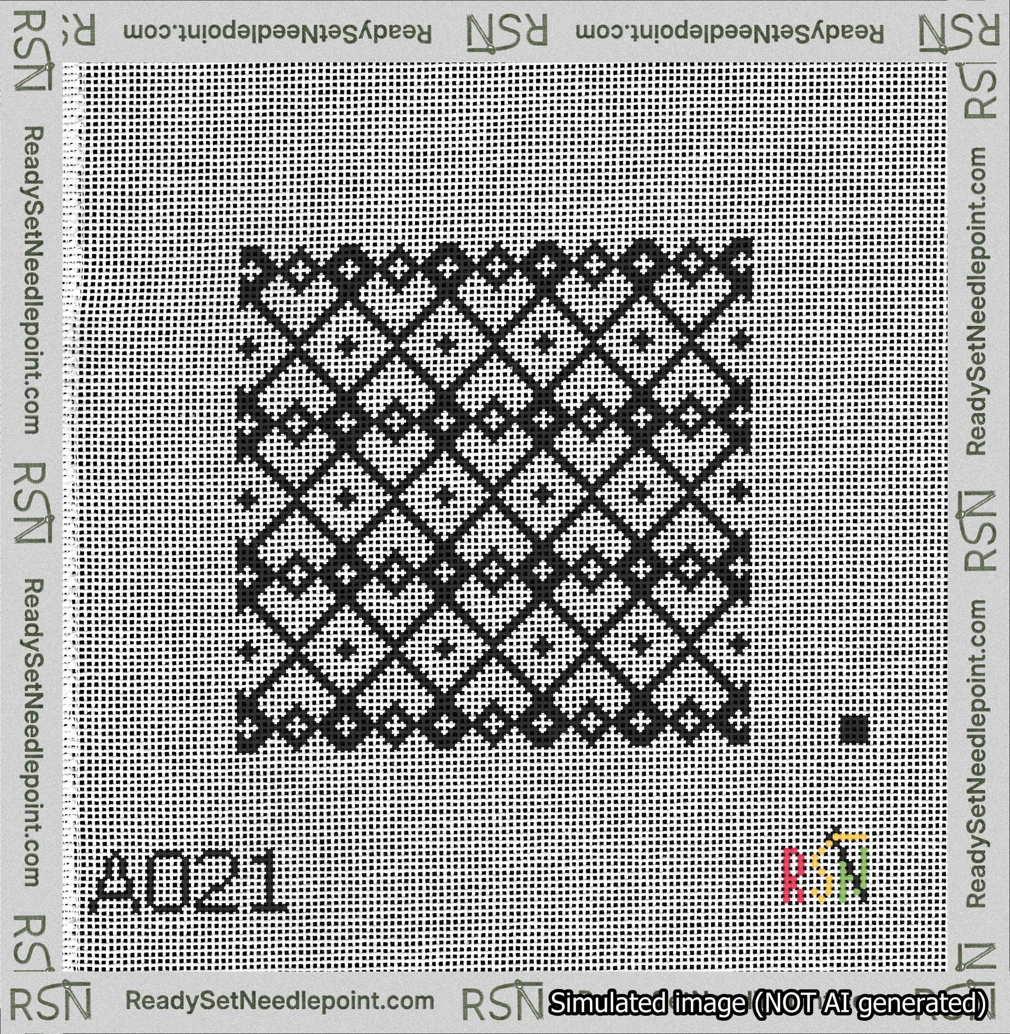 A taped needlepoint canvas with the design: Symmetrical Heart Grid Black on White.