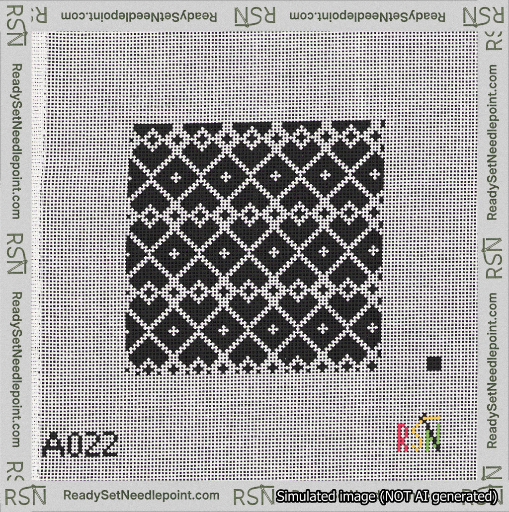 A taped needlepoint canvas with the design: Symmetrical Heart Grid White on Black.