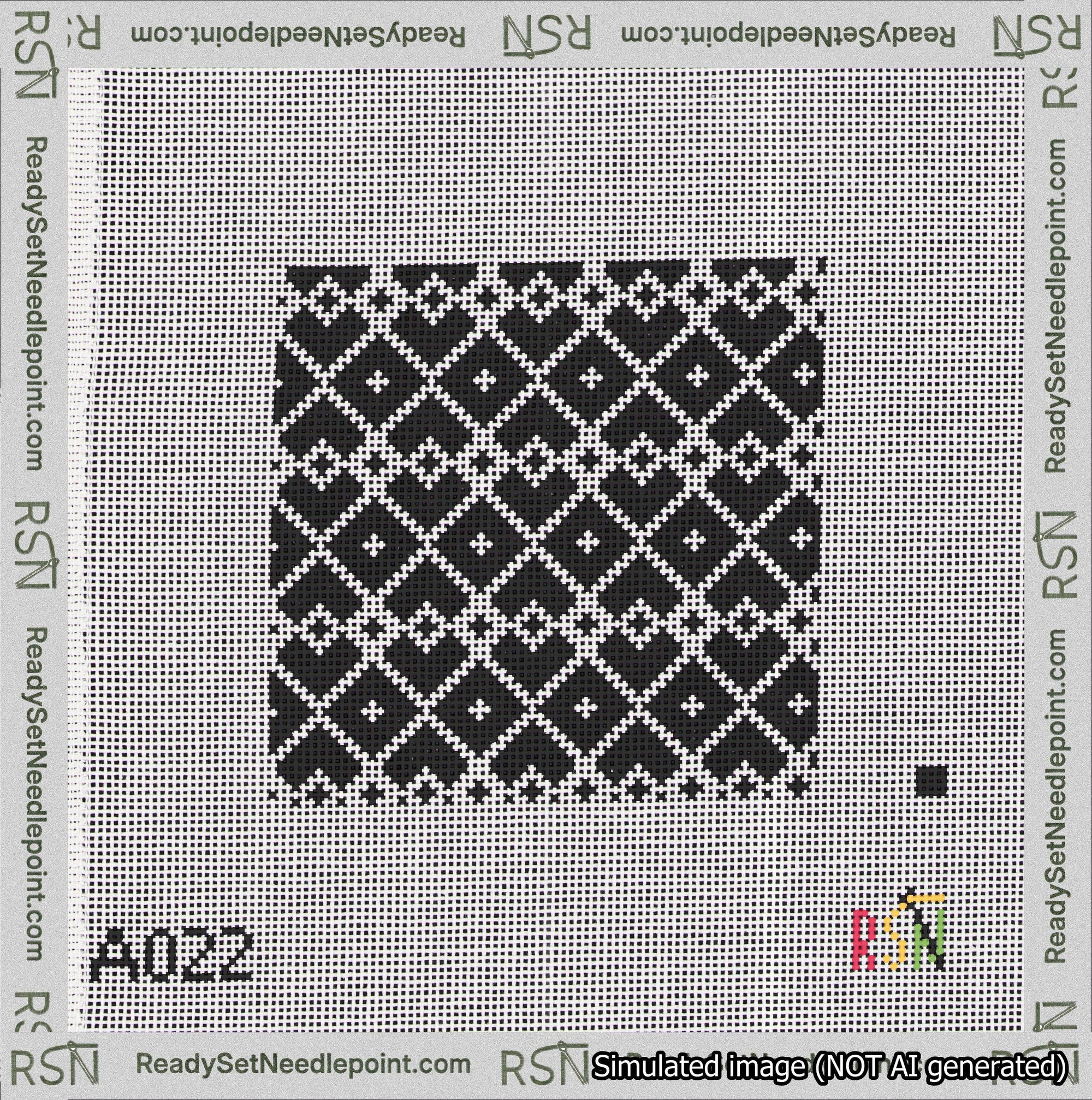 A taped needlepoint canvas with the design: Symmetrical Heart Grid White on Black.