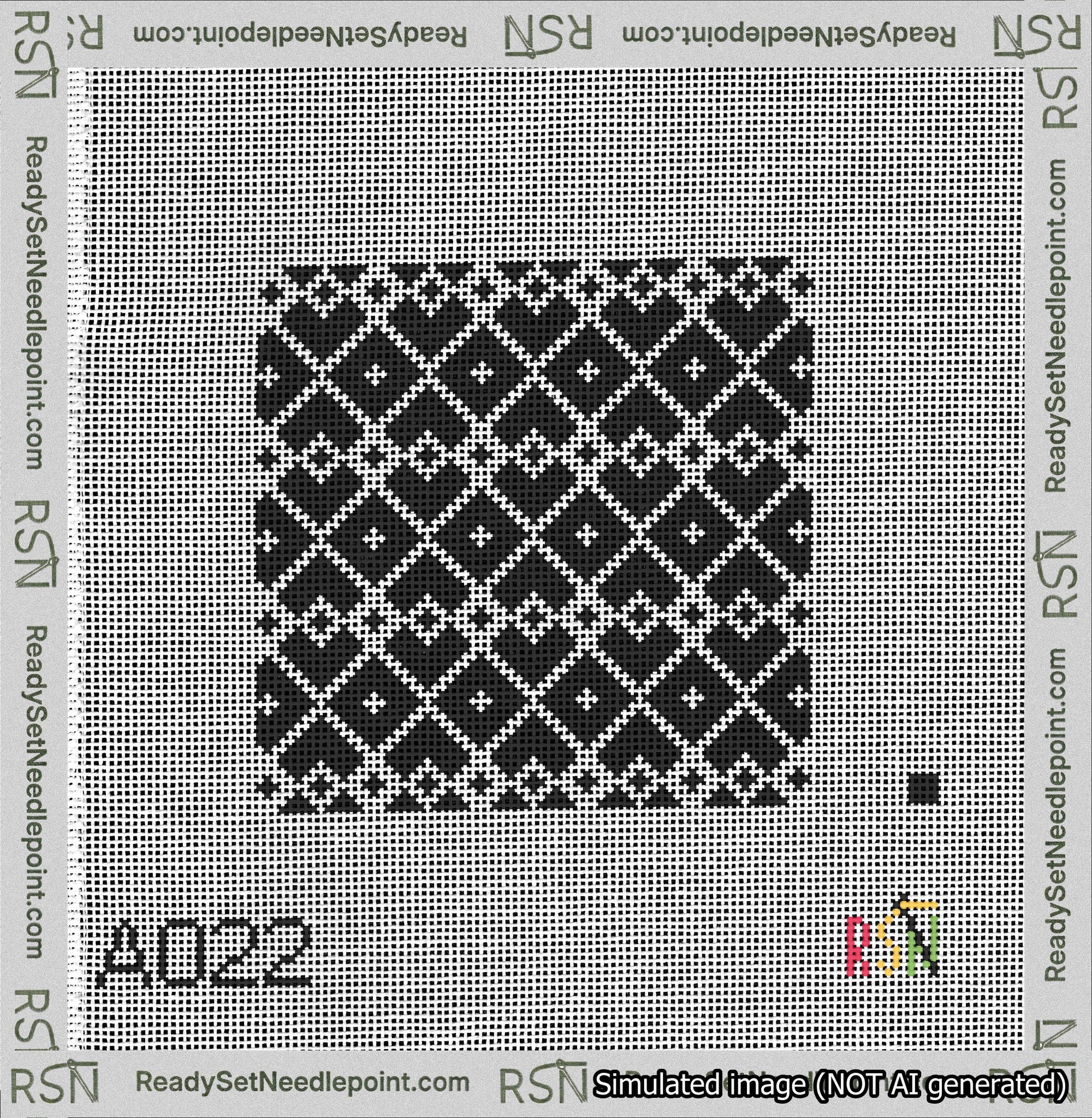 A taped needlepoint canvas with the design: Symmetrical Heart Grid White on Black.