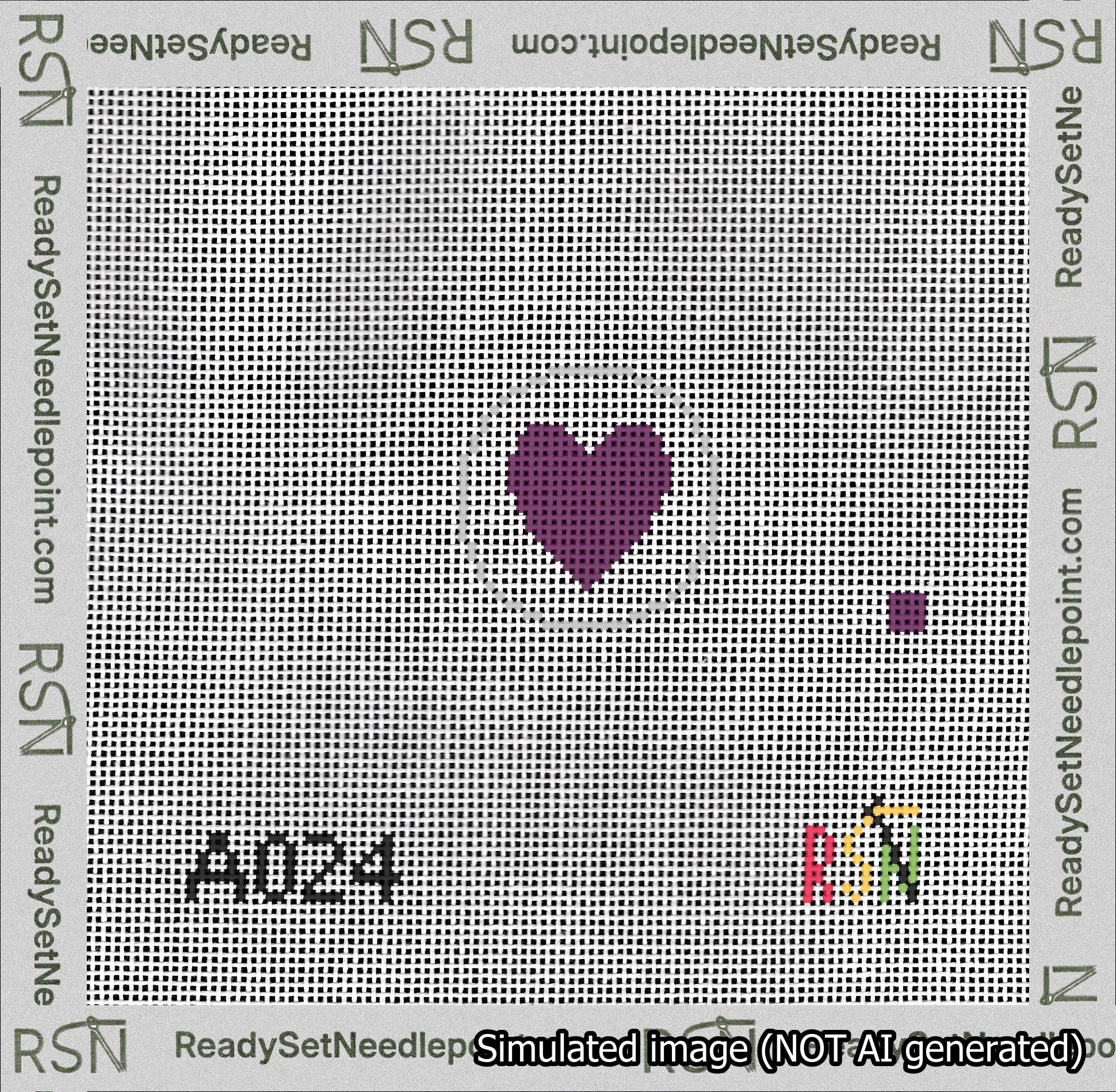 A taped needlepoint canvas with the design: Circle Heart Purple.