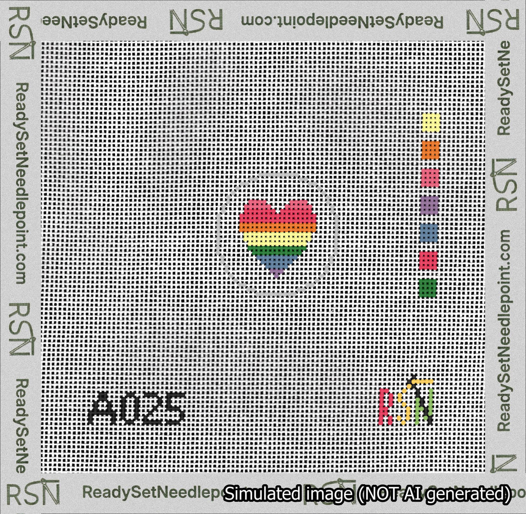 A taped needlepoint canvas with the design: Circle Heart Rainbow.
