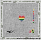 A taped needlepoint canvas with the design: Circle Heart Rainbow.