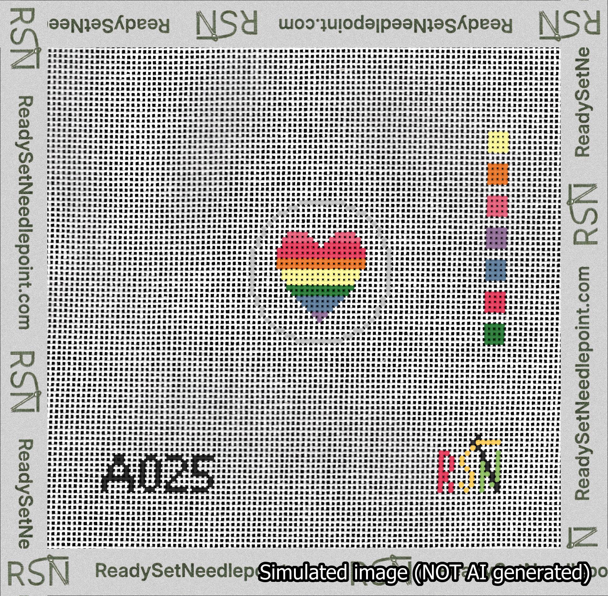 A taped needlepoint canvas with the design: Circle Heart Rainbow.