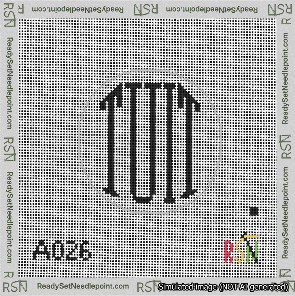 A taped needlepoint canvas with the design: Round TUIT Black on White.