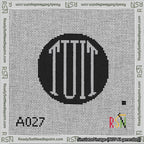 A taped needlepoint canvas with the design: Round TUIT Gray on Black.