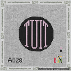 A taped needlepoint canvas with the design: Round TUIT Pink on Black.