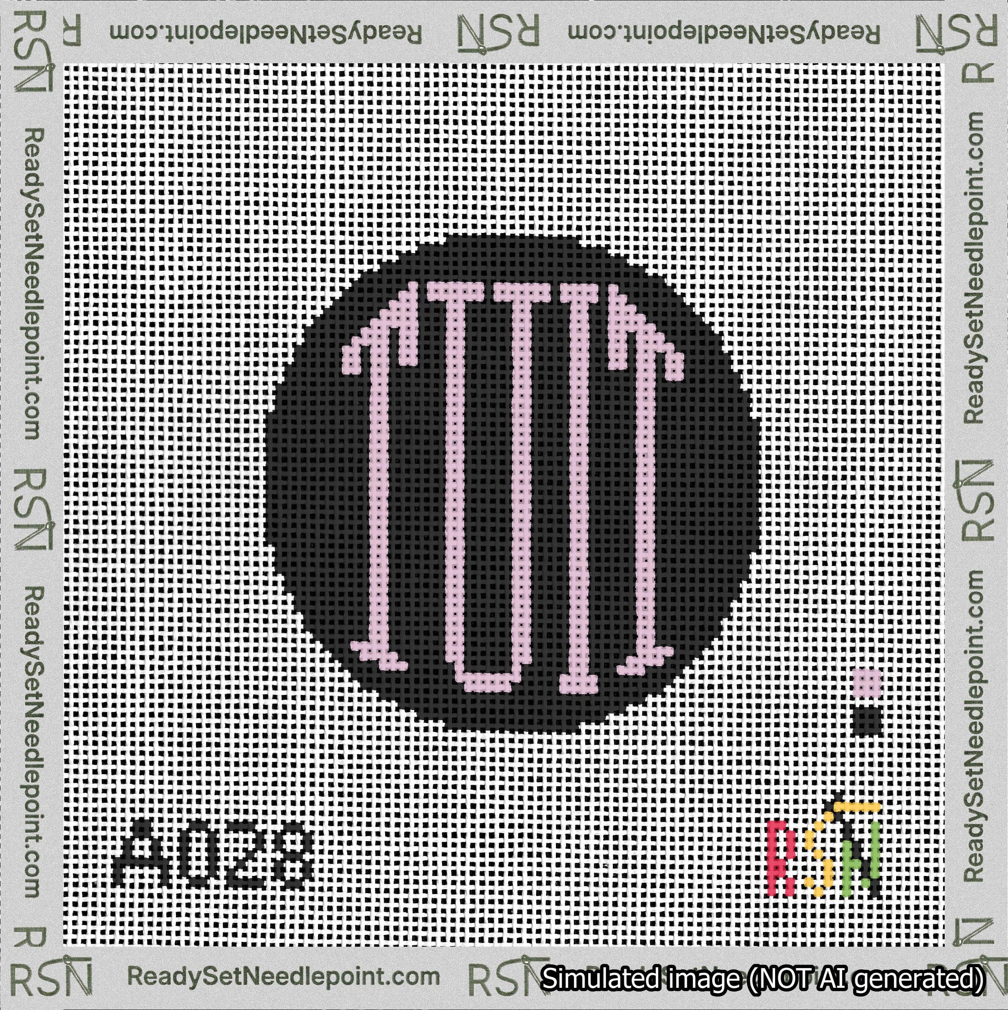 A taped needlepoint canvas with the design: Round TUIT Pink on Black.