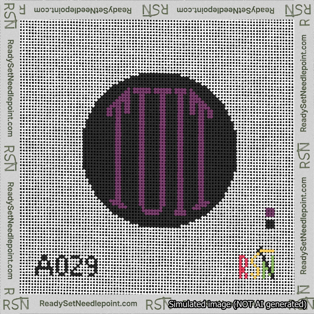 A taped needlepoint canvas with the design: Round TUIT Purple on Black.