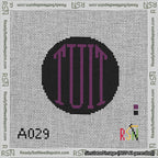 A taped needlepoint canvas with the design: Round TUIT Purple on Black.