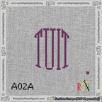 A taped needlepoint canvas with the design: Round TUIT Purple on White.