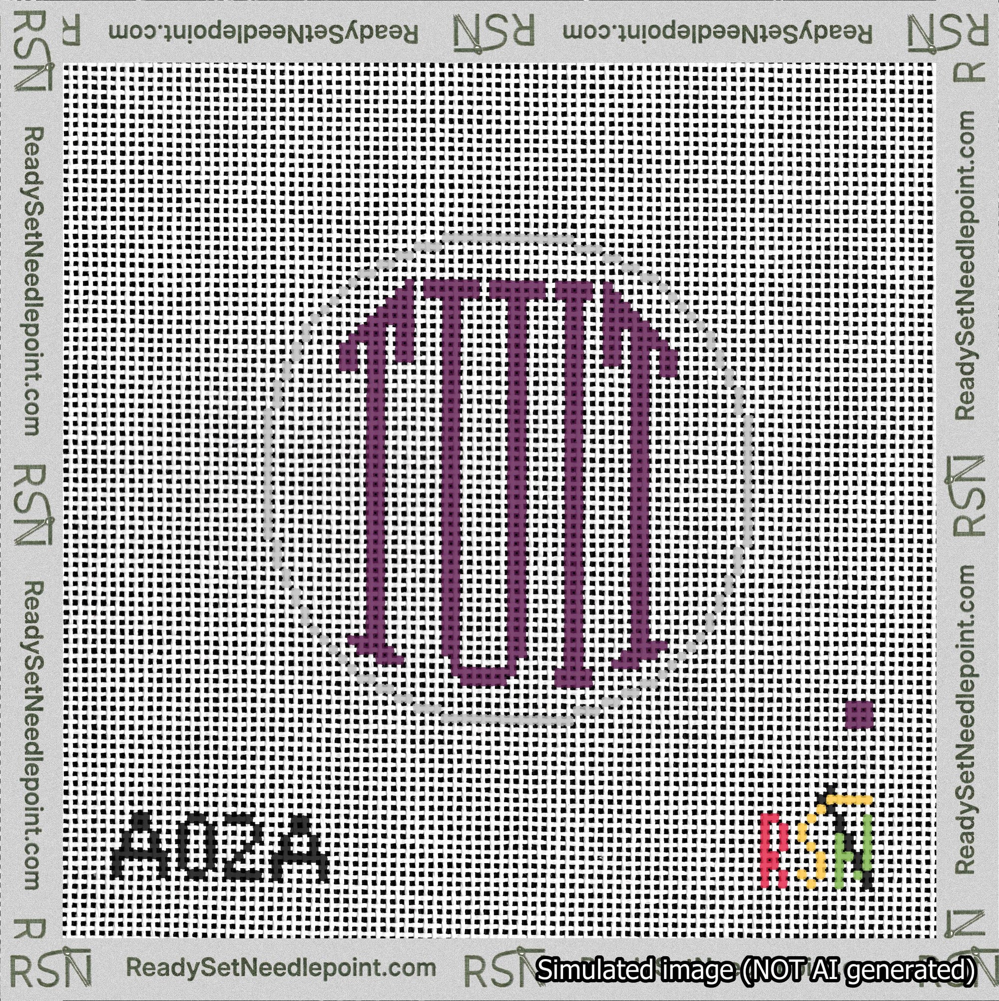 A taped needlepoint canvas with the design: Round TUIT Purple on White.