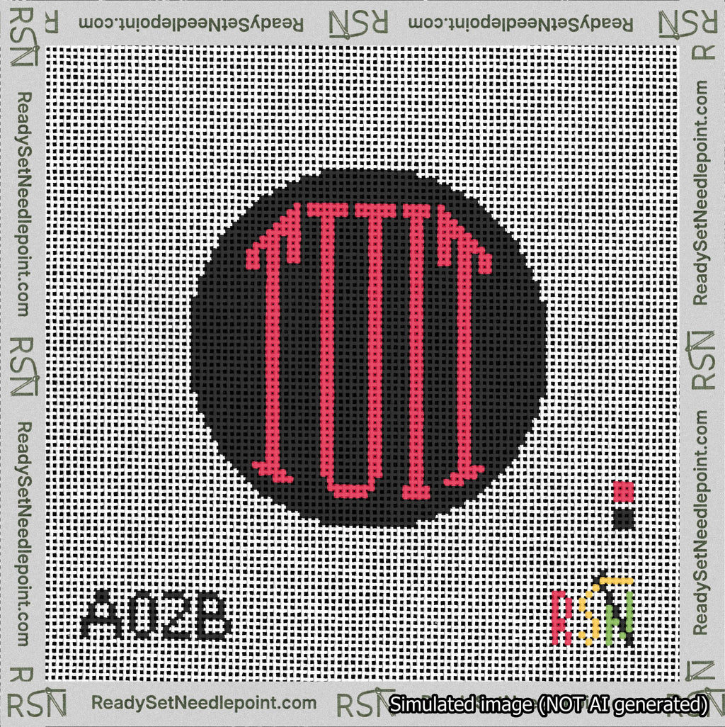 A taped needlepoint canvas with the design: Round TUIT Red on Black.