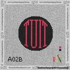 A taped needlepoint canvas with the design: Round TUIT Red on Black.