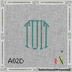 A taped needlepoint canvas with the design: Round TUIT Teal on White.