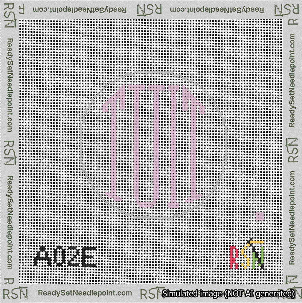 A taped needlepoint canvas with the design: Round TUIT Pink on White.