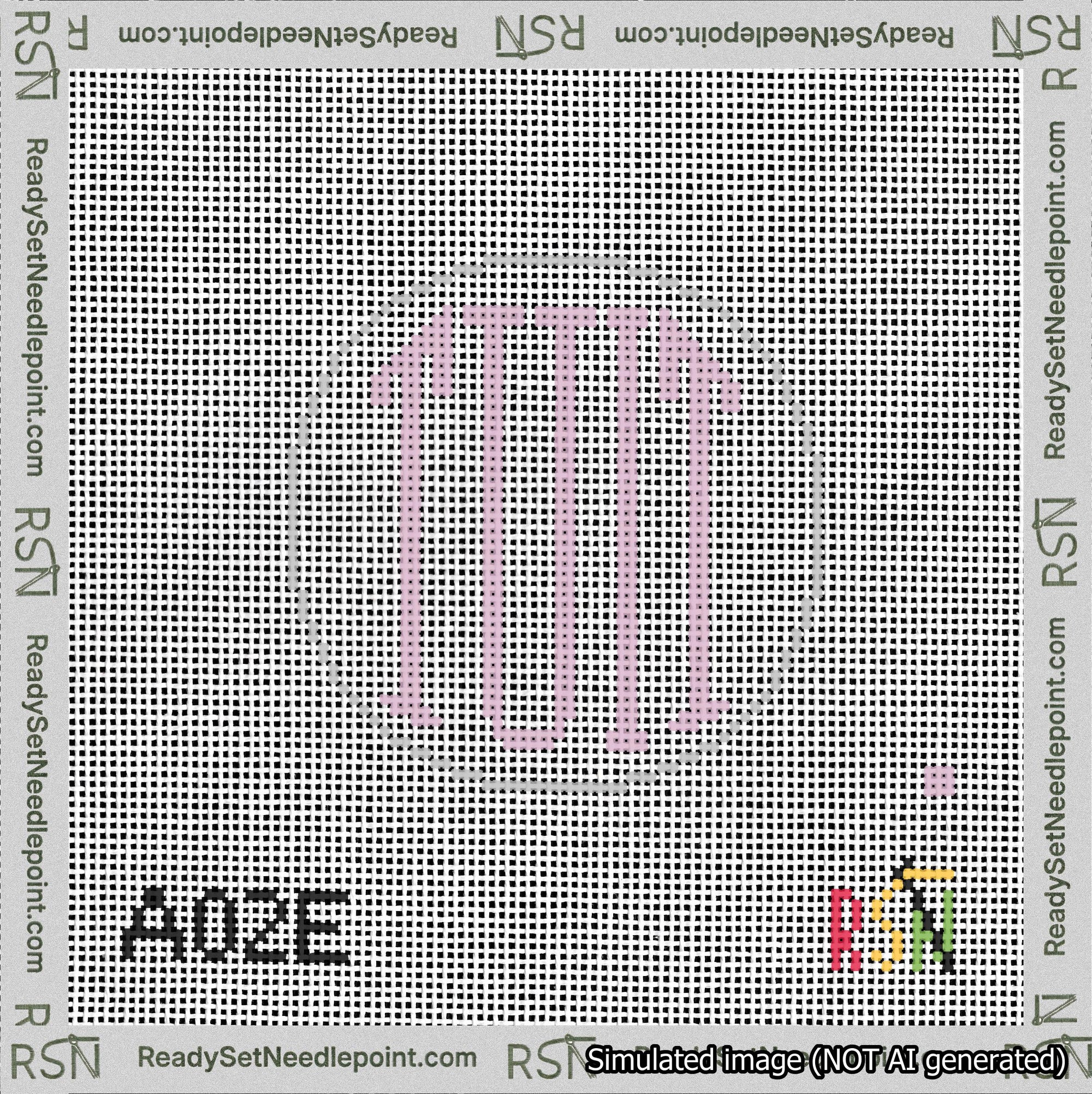 A taped needlepoint canvas with the design: Round TUIT Pink on White.