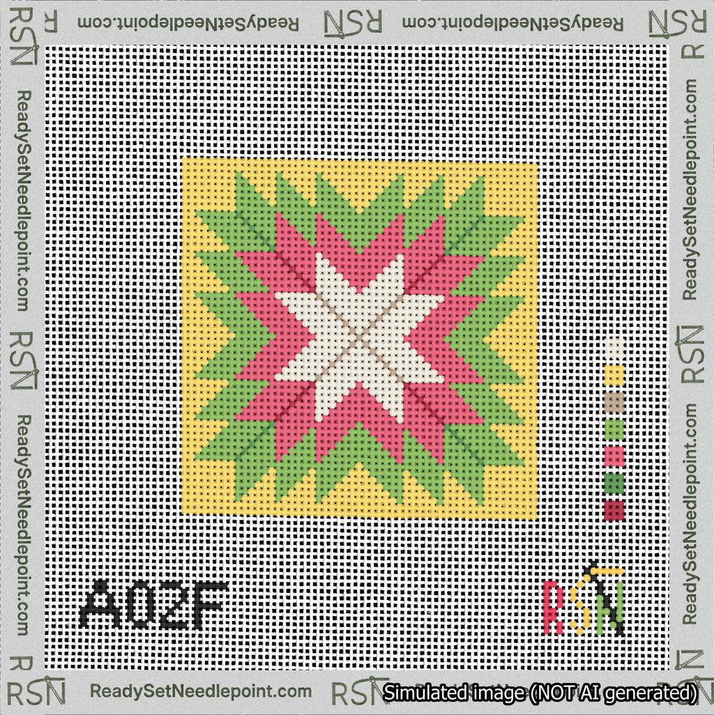 A taped needlepoint canvas with the design: Quilt Star Christmas Cream-Red-Green-Yellow.