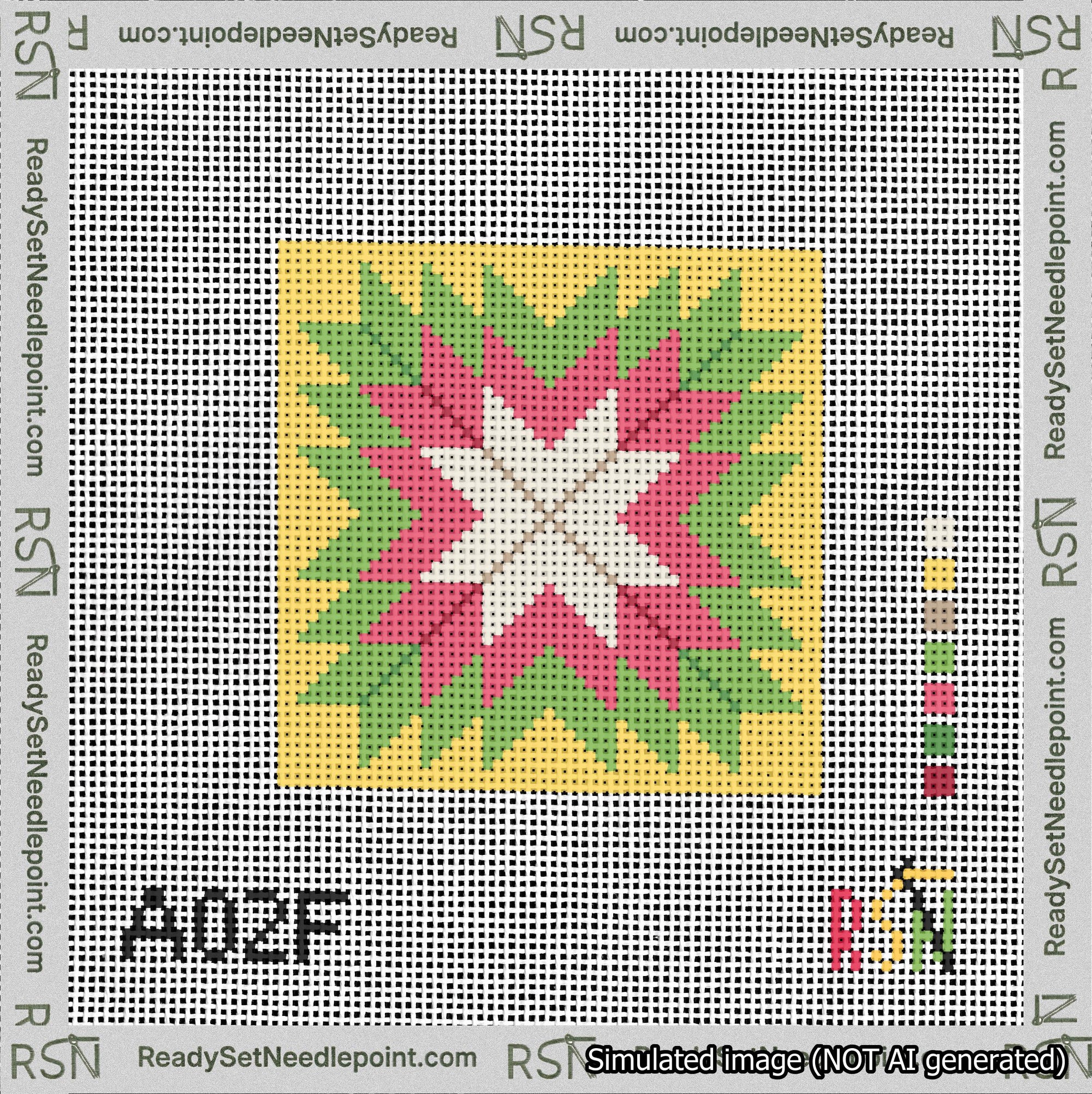 A taped needlepoint canvas with the design: Quilt Star Christmas Cream-Red-Green-Yellow.