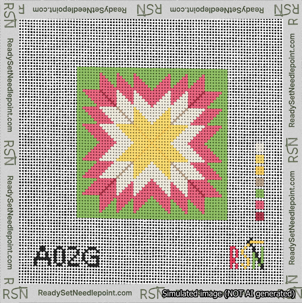 A taped needlepoint canvas with the design: Quilt Star Christmas Yellow-Cream-Red-Green.