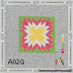 A taped needlepoint canvas with the design: Quilt Star Christmas Yellow-Cream-Red-Green.