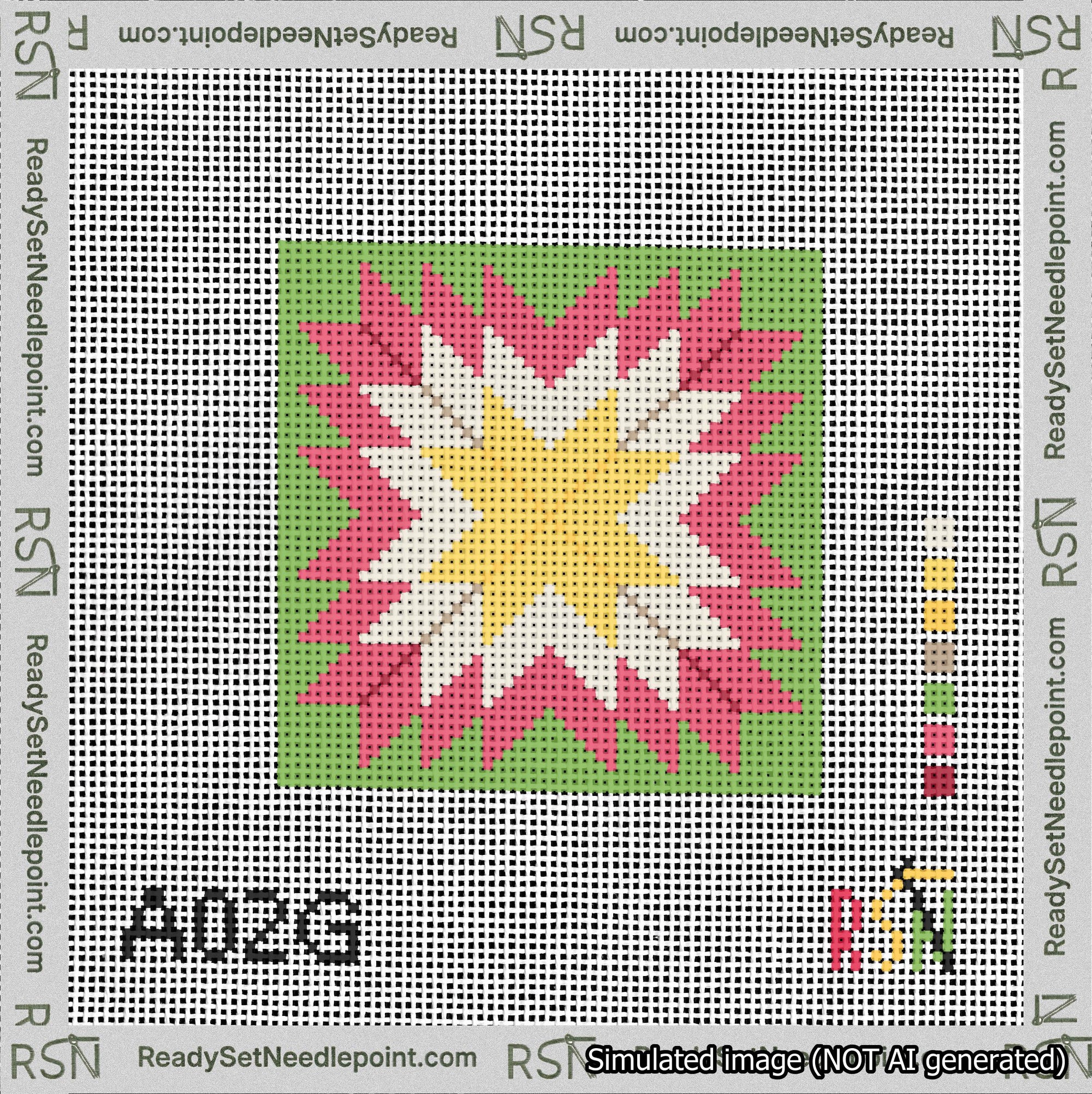 A taped needlepoint canvas with the design: Quilt Star Christmas Yellow-Cream-Red-Green.