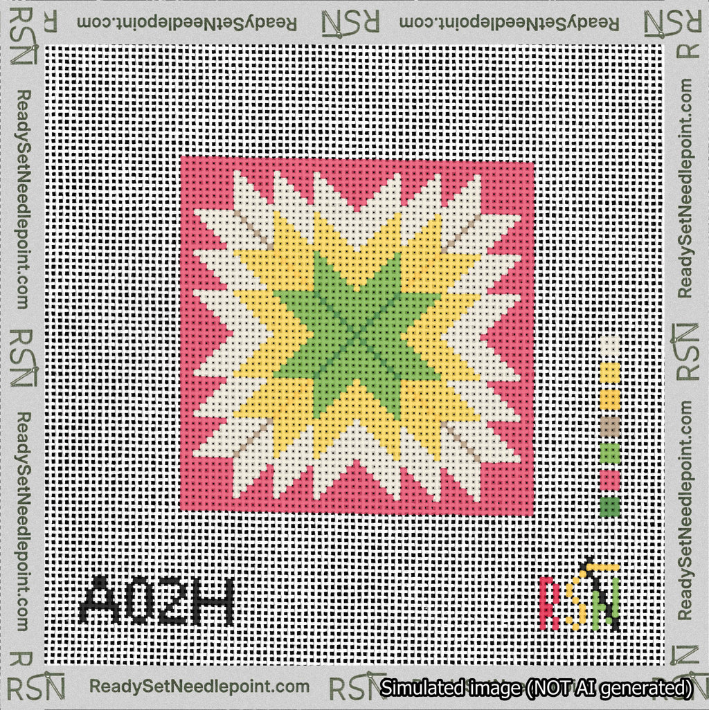 A taped needlepoint canvas with the design: Quilt Star Christmas Green-Yellow-Cream-Red.