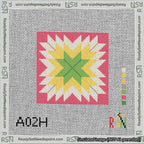 A taped needlepoint canvas with the design: Quilt Star Christmas Green-Yellow-Cream-Red.