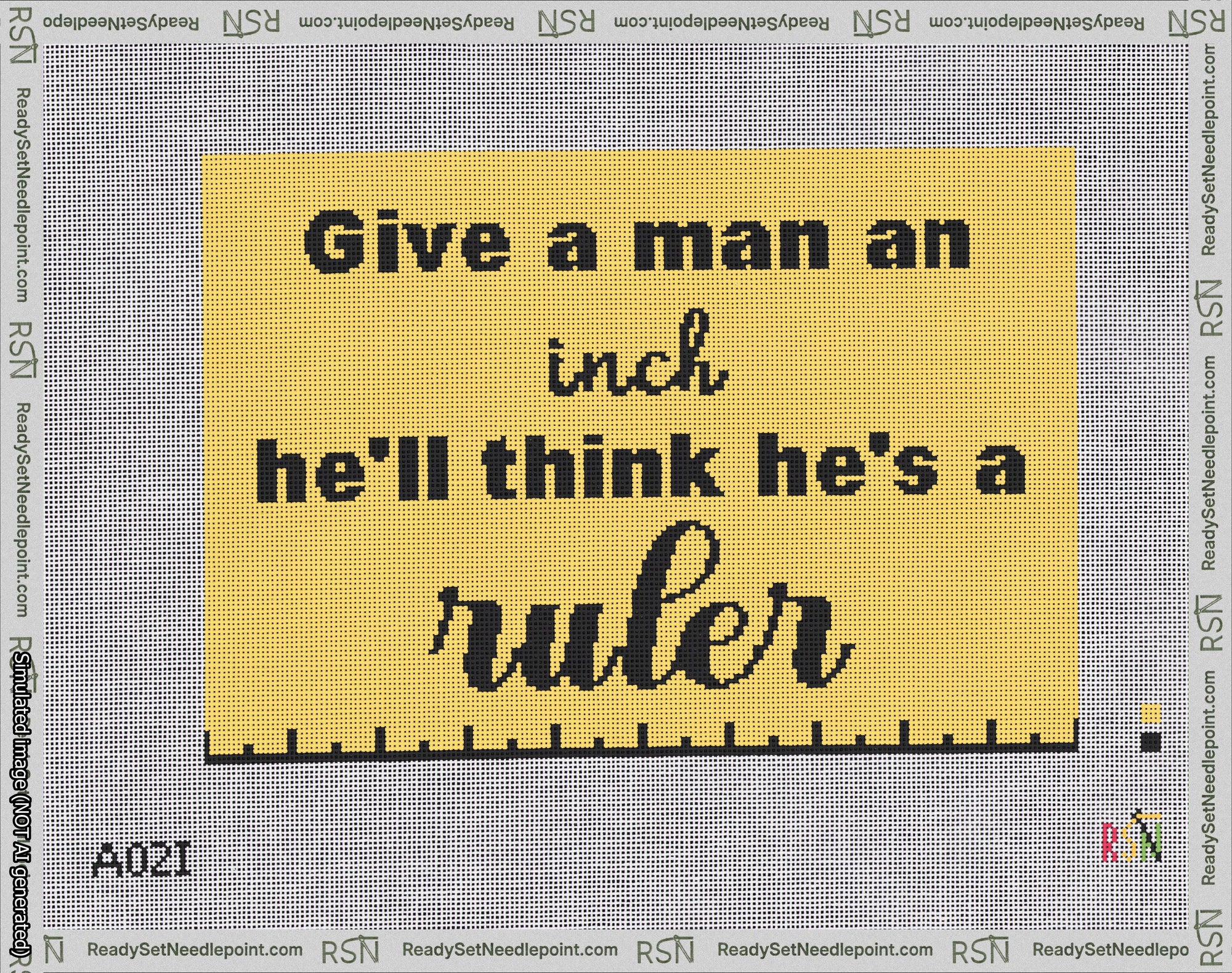A taped needlepoint canvas with the design: Give a Man an Inch.