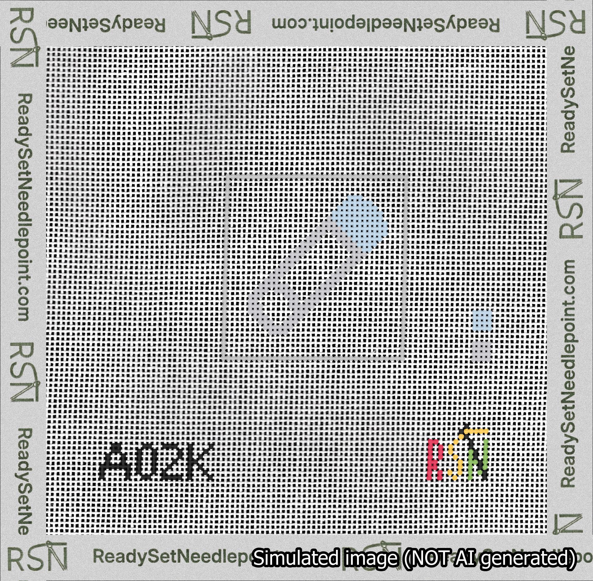 A taped needlepoint canvas with the design: Safety Pin Light Blue.