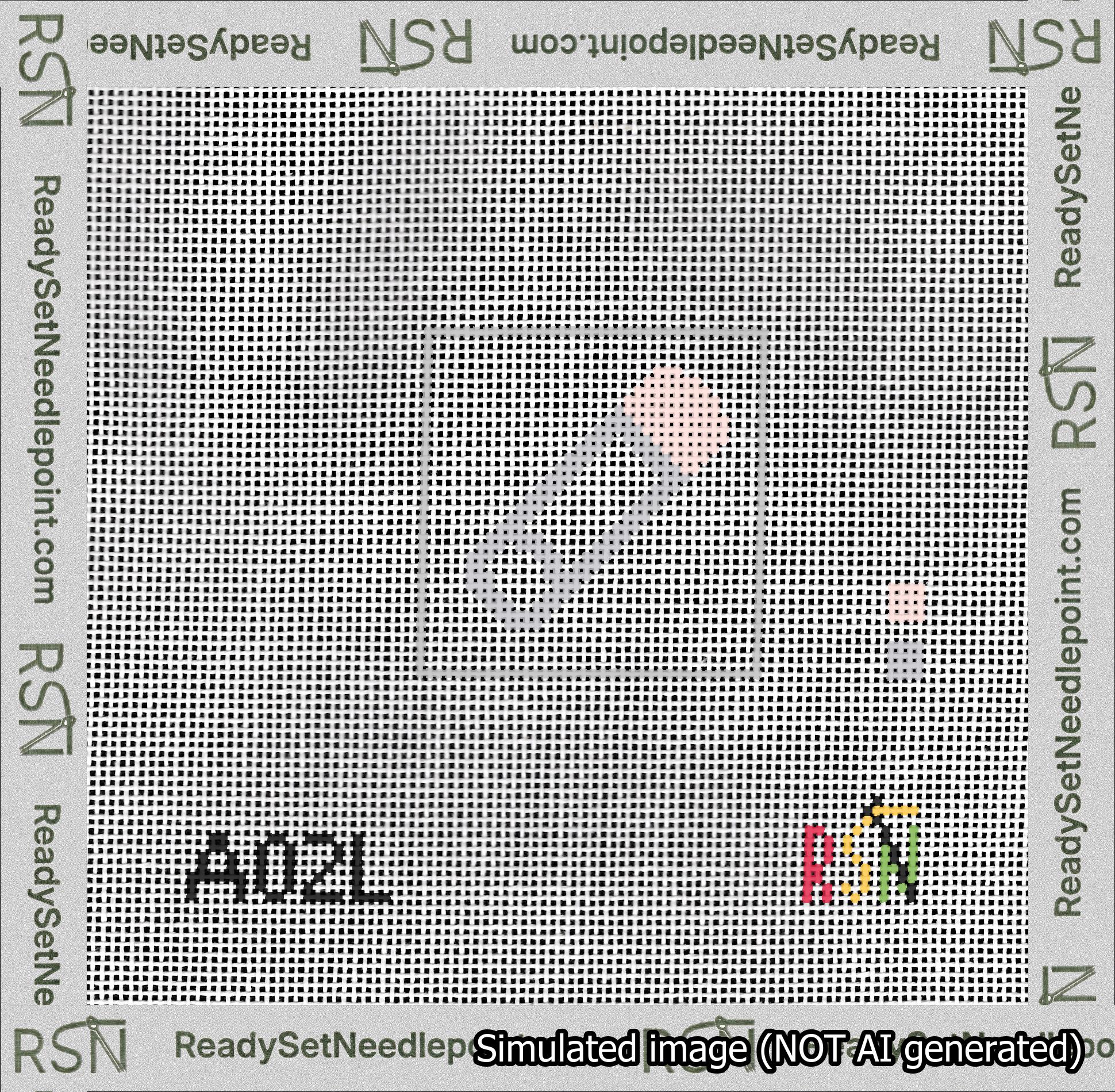 A taped needlepoint canvas with the design: Safety Pin Pink.