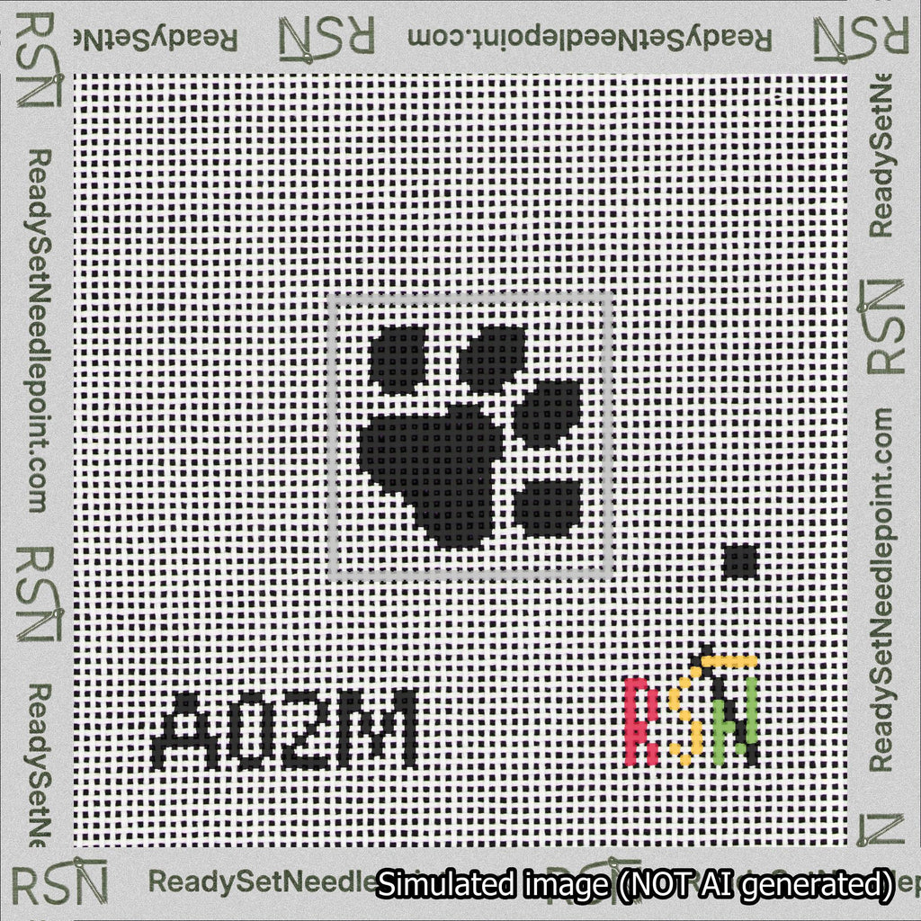 A taped needlepoint canvas with the design: Square Dog Paw Print Black on White.