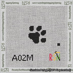 A taped needlepoint canvas with the design: Square Dog Paw Print Black on White.