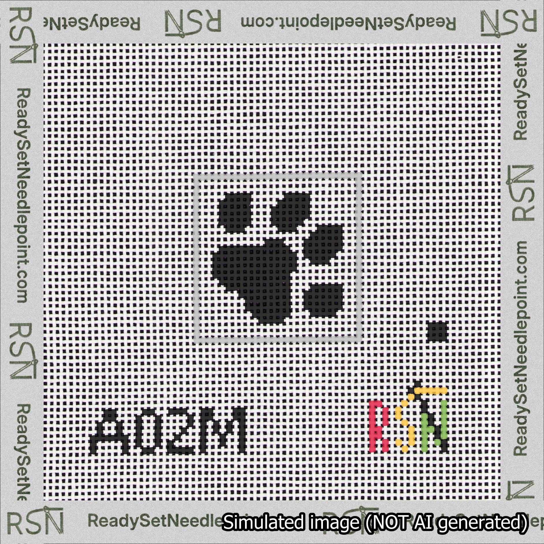 A taped needlepoint canvas with the design: Square Dog Paw Print Black on White.