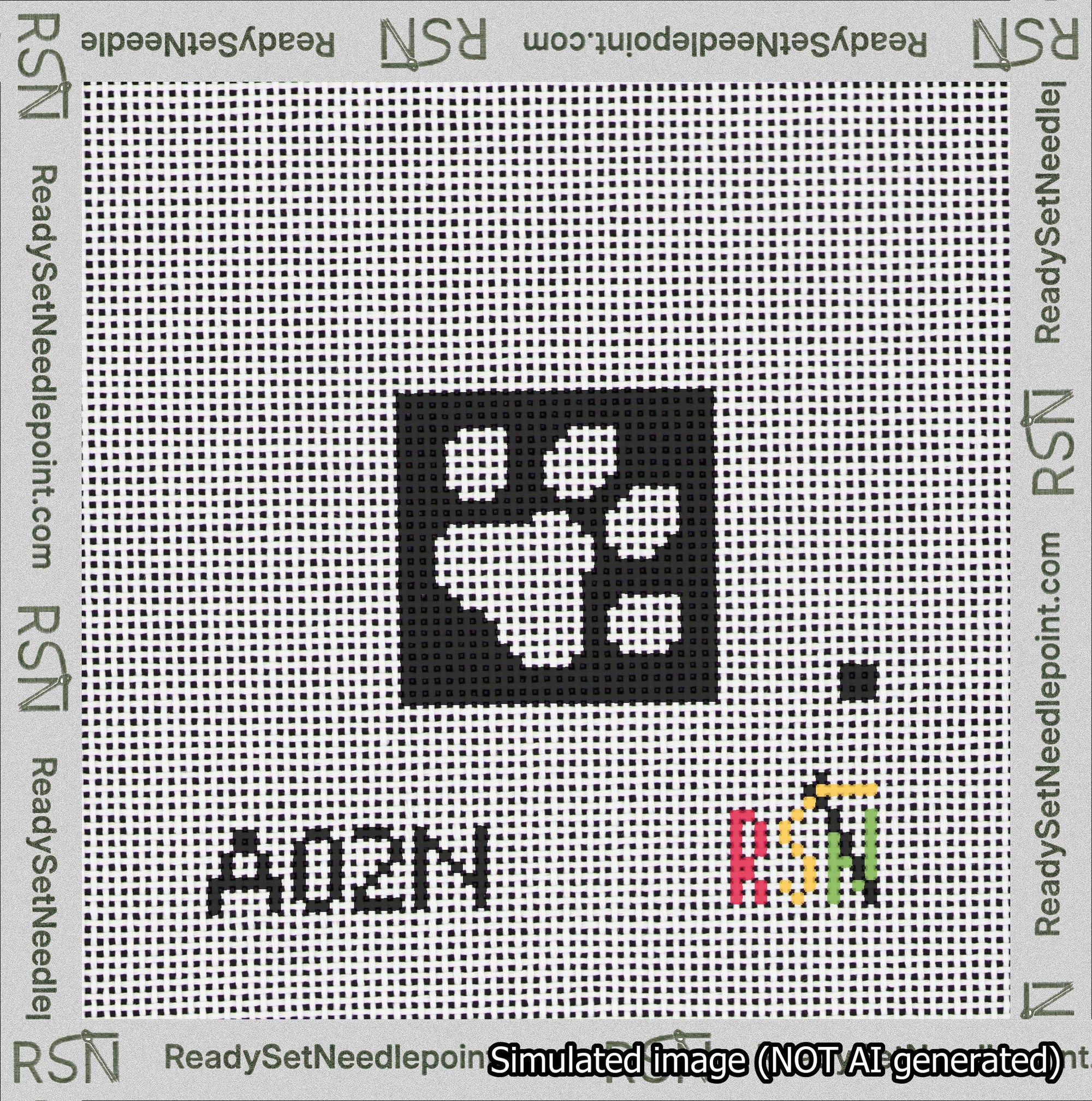 A taped needlepoint canvas with the design: Square Dog Paw Print White on Black.