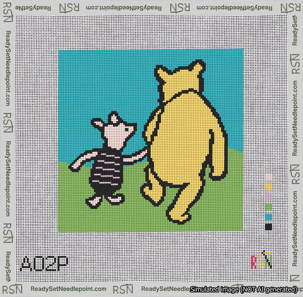 A taped needlepoint canvas with the design: Classic Winnie-the-Pooh and Piglet Holding Hands Color Background.