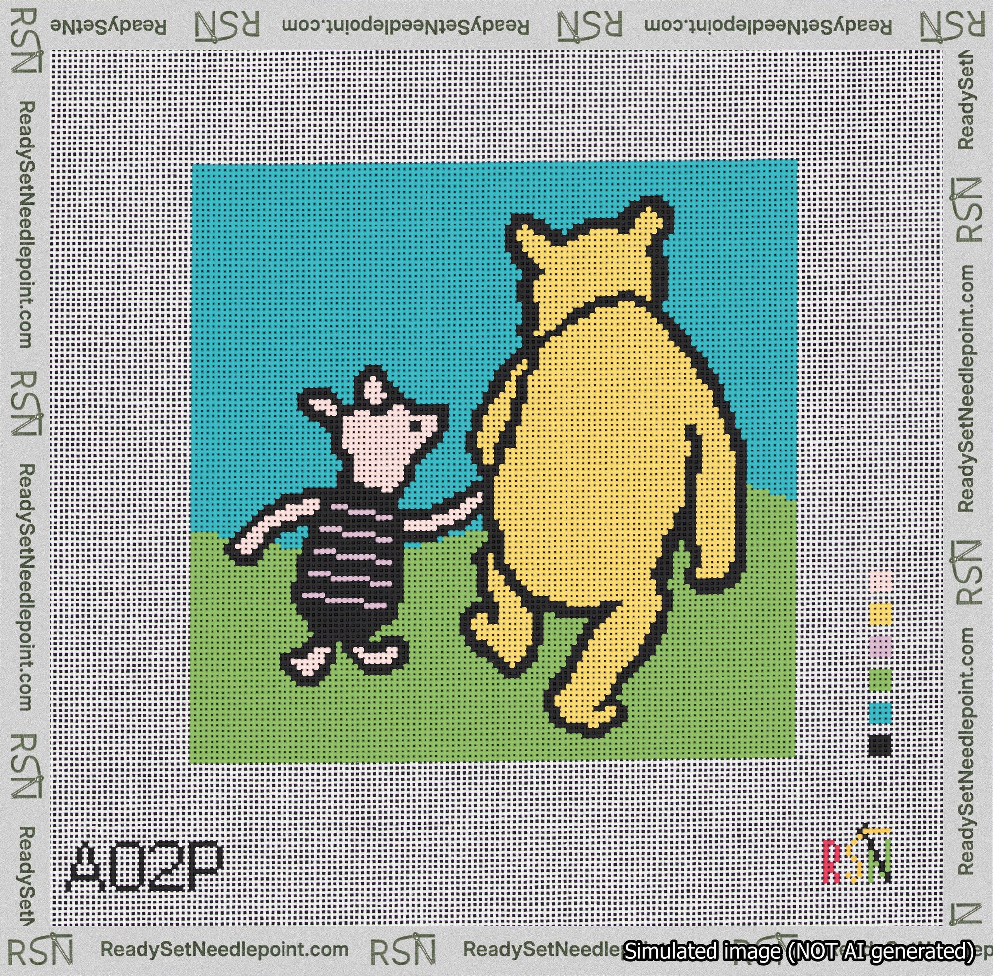 A taped needlepoint canvas with the design: Classic Winnie-the-Pooh and Piglet Holding Hands Color Background.