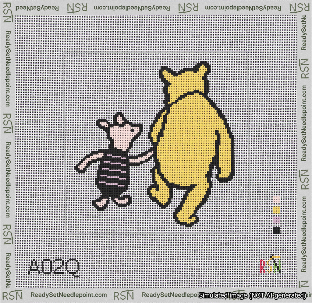 A taped needlepoint canvas with the design: Classic Winnie-the-Pooh and Piglet Holding Hands White Background.