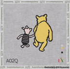 A taped needlepoint canvas with the design: Classic Winnie-the-Pooh and Piglet Holding Hands White Background.