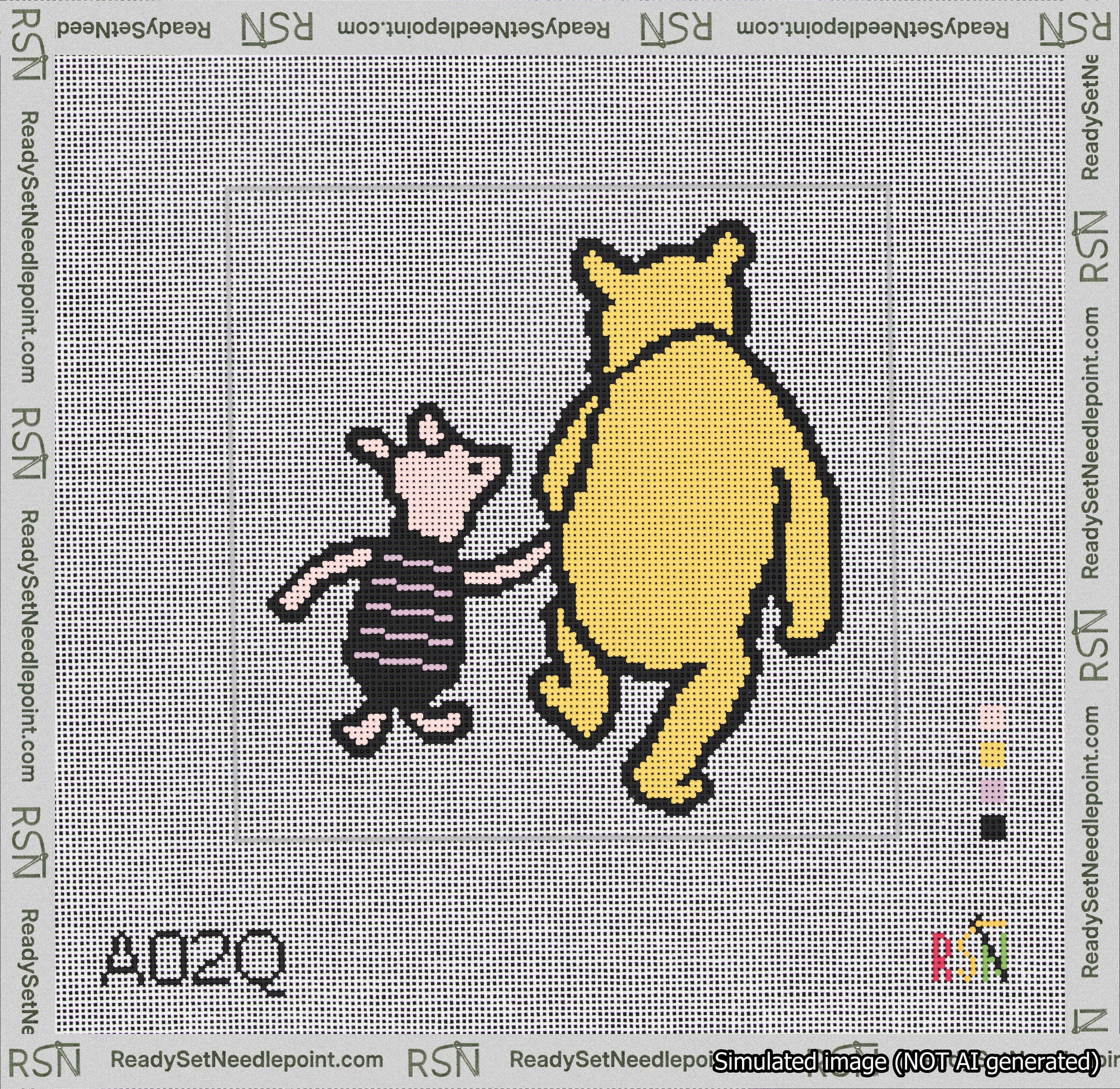 A taped needlepoint canvas with the design: Classic Winnie-the-Pooh and Piglet Holding Hands White Background.