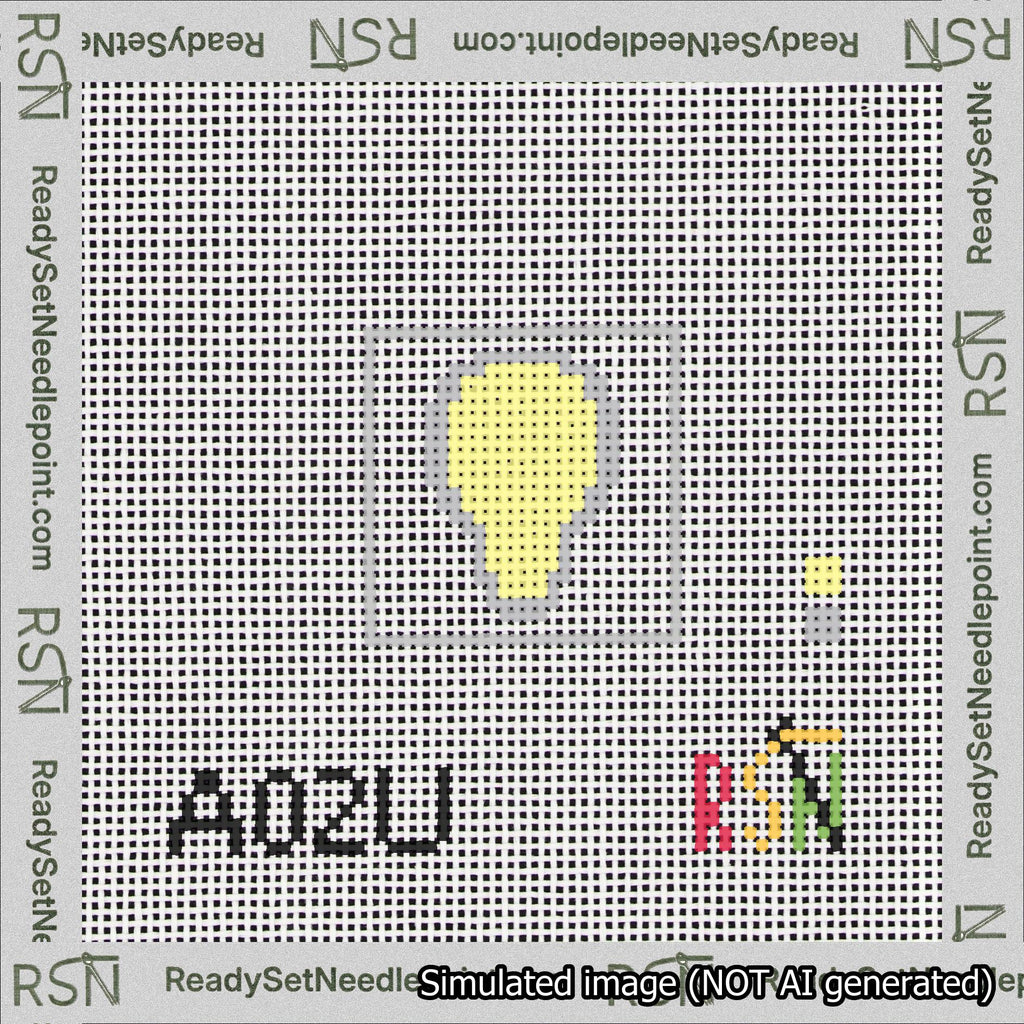 A taped needlepoint canvas with the design: Square Lightbulb.