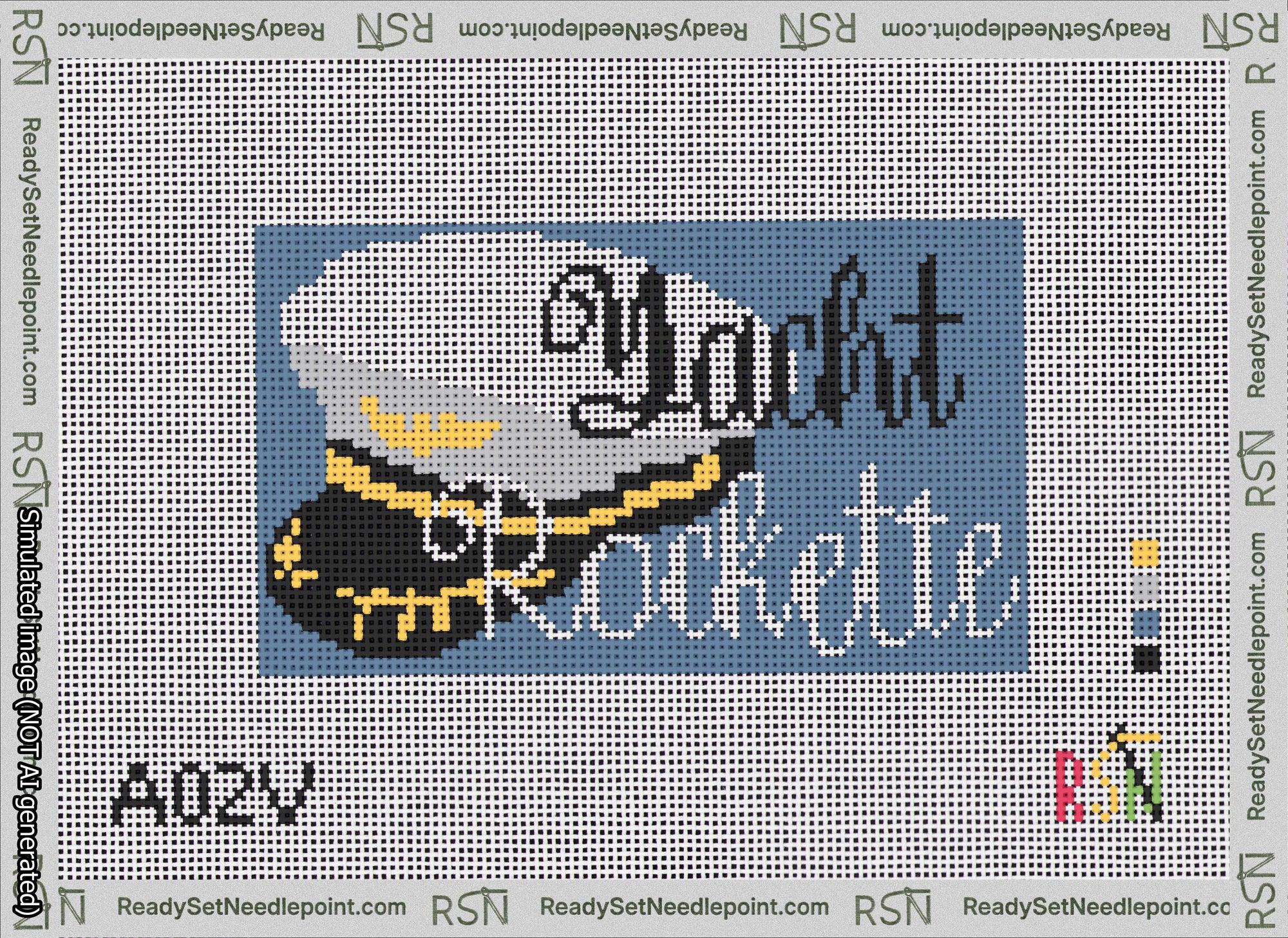 A taped needlepoint canvas with the design: Yacht Rockette Bag Insert.