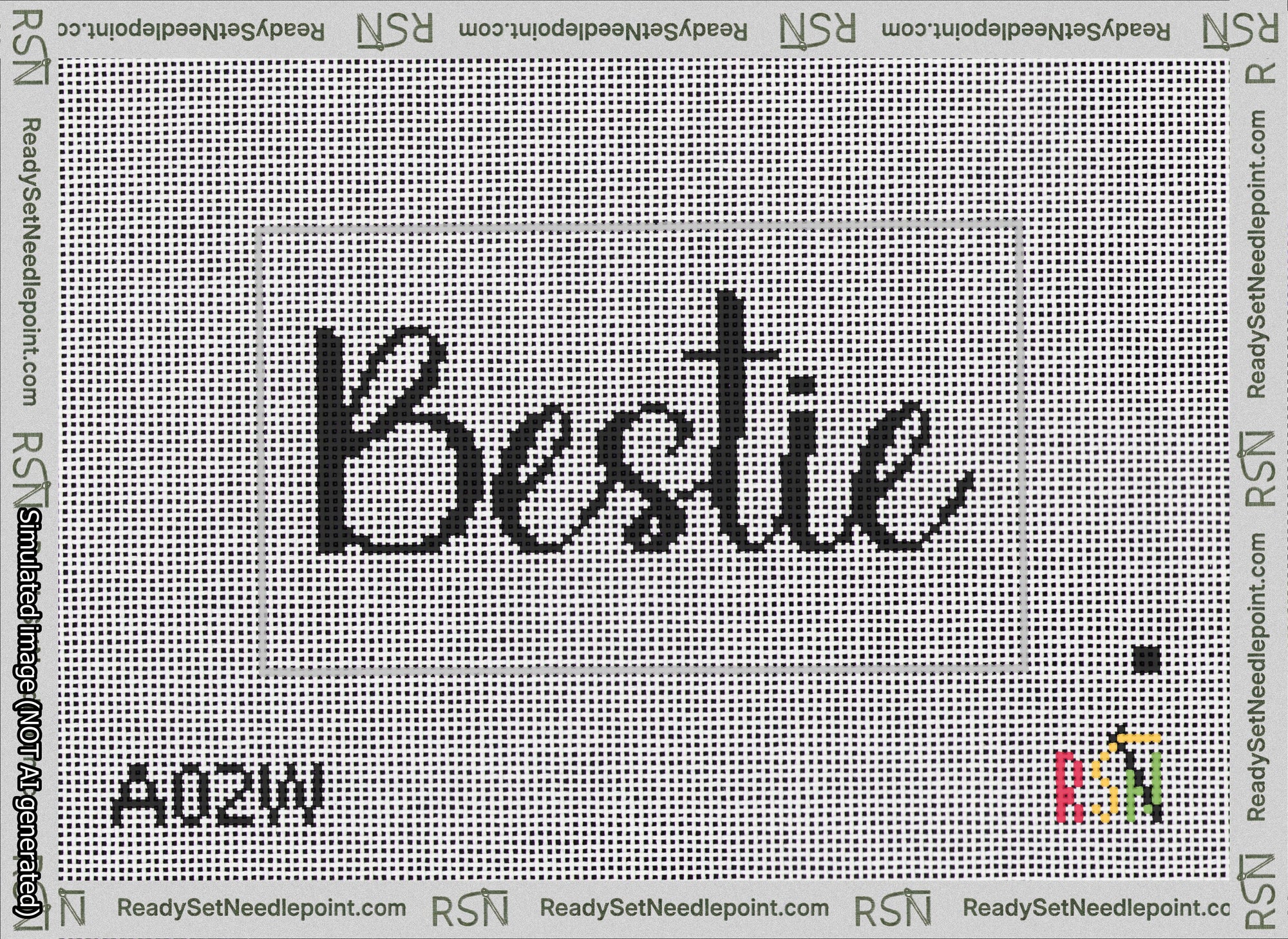 A taped needlepoint canvas with the design: Bestie Bag Insert.