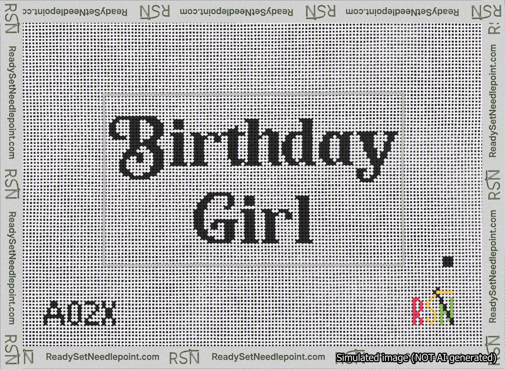 A taped needlepoint canvas with the design: Birthday Girl Bag Insert Black on White.