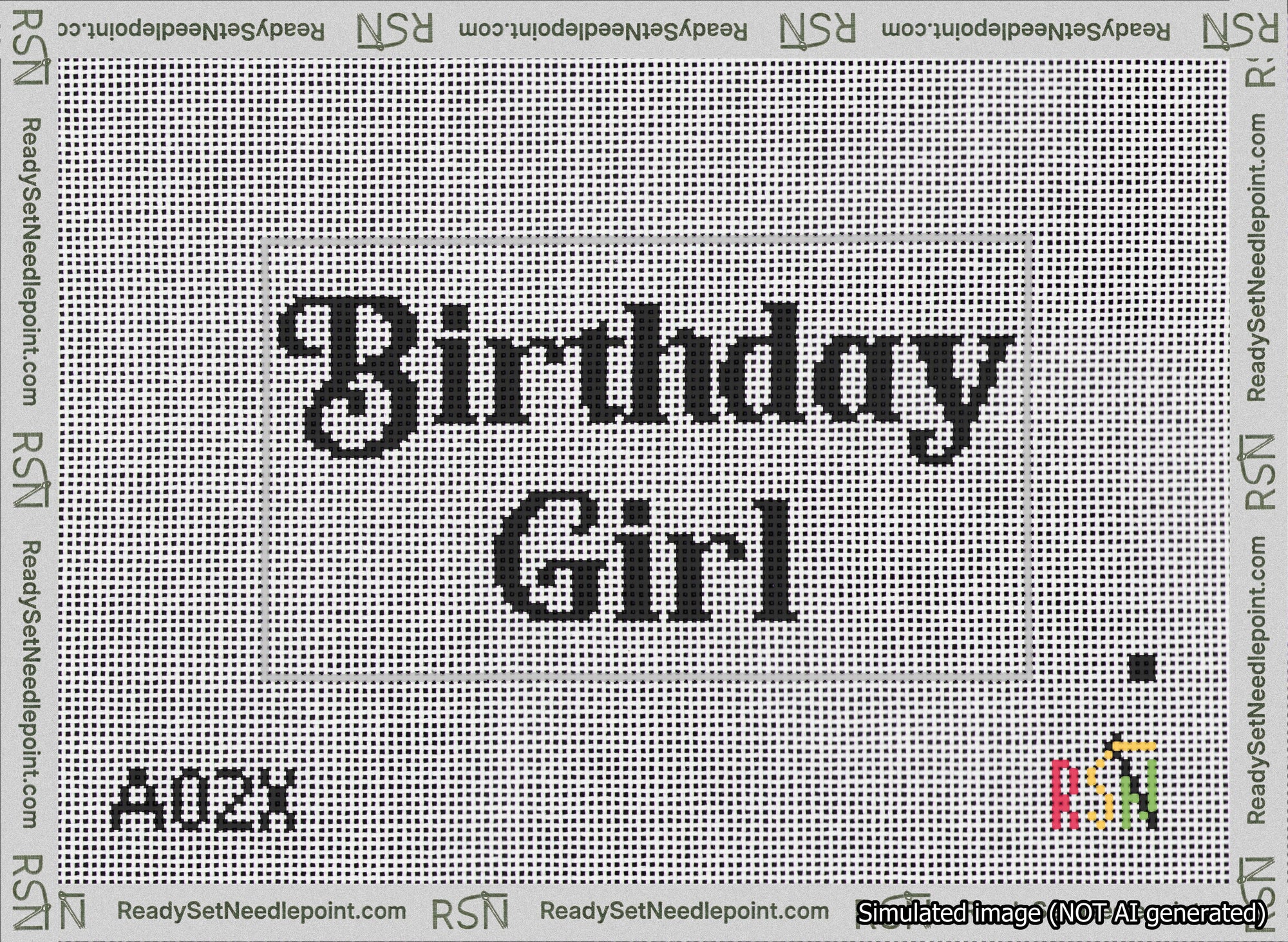 A taped needlepoint canvas with the design: Birthday Girl Bag Insert Black on White.
