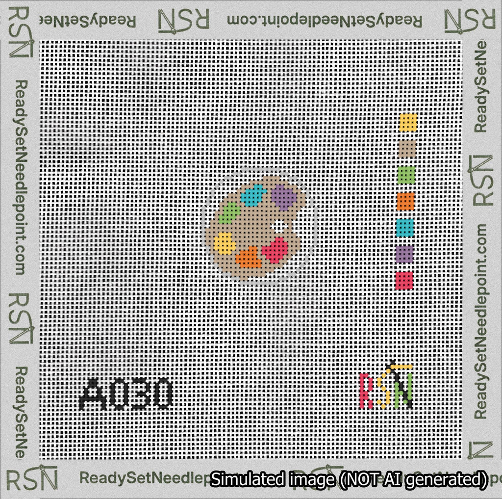 A taped needlepoint canvas with the design: Circle Art Palette.