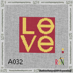A taped needlepoint canvas with the design: Love Square.