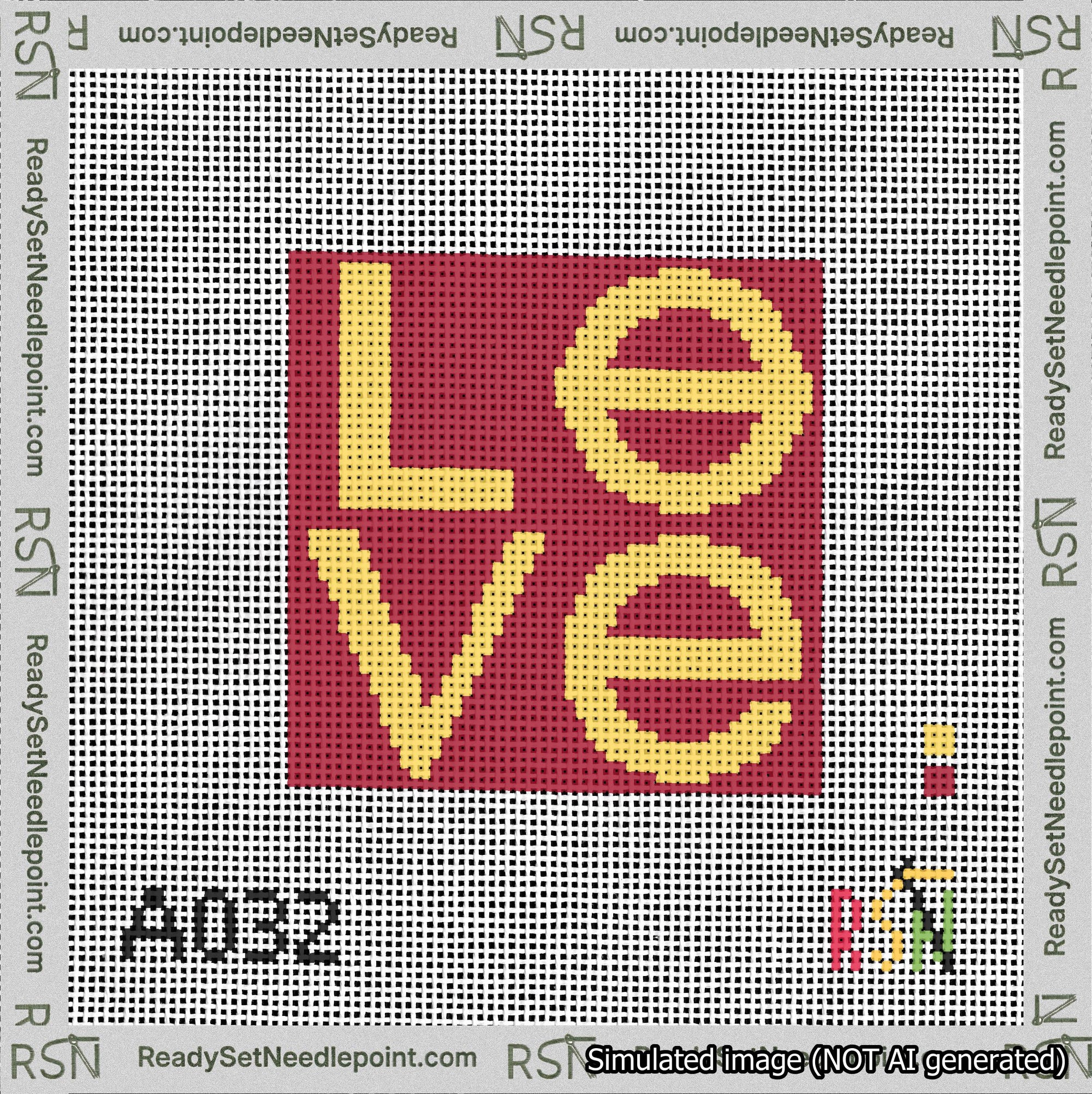 A taped needlepoint canvas with the design: Love Square.
