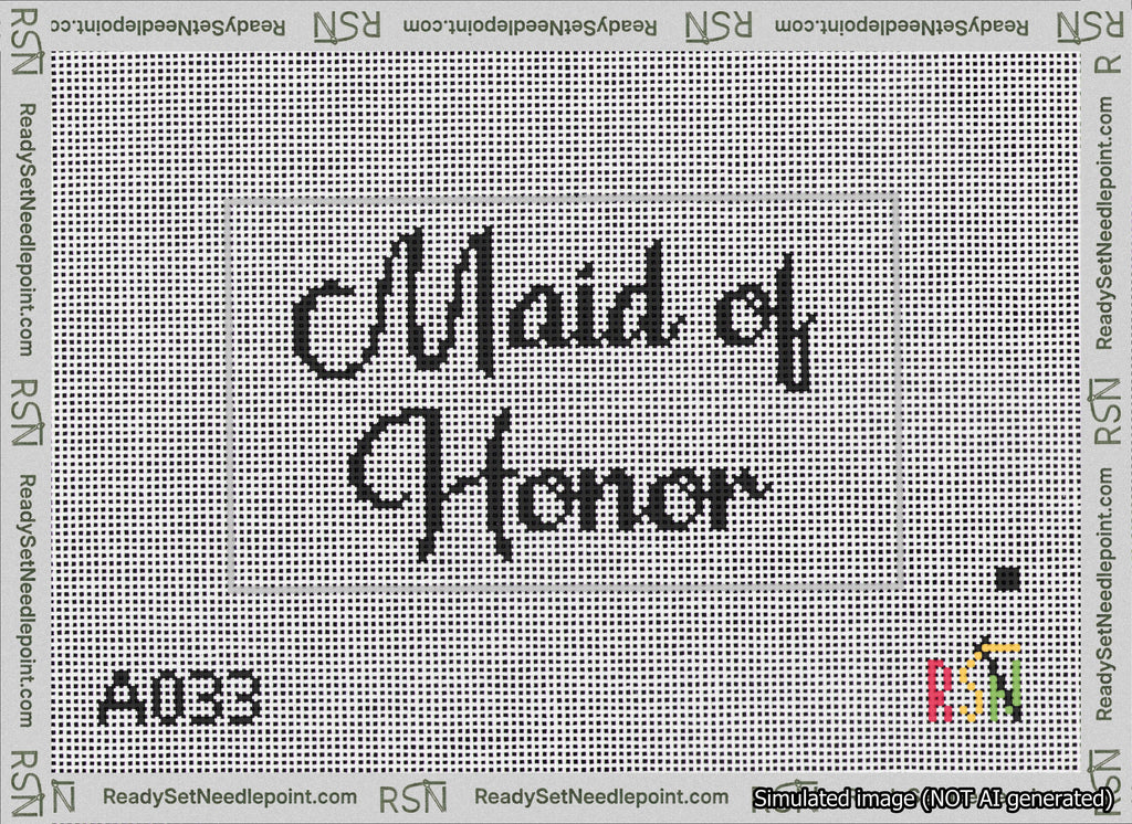A taped needlepoint canvas with the design: Maid of Honor Bag Insert.
